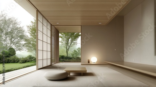 Minimalist Japanese-Style Living Room with Garden View