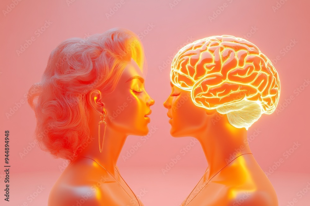 Fototapeta premium Glowing Pink and Orange Head Silhouettes Facing Each Other Depicting the Emotional and Mental Connection Between Two People