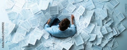 Wallpaper Mural A man sits overwhelmed by a sea of paperwork, illustrating the stress of endless documentation and office tasks. Torontodigital.ca