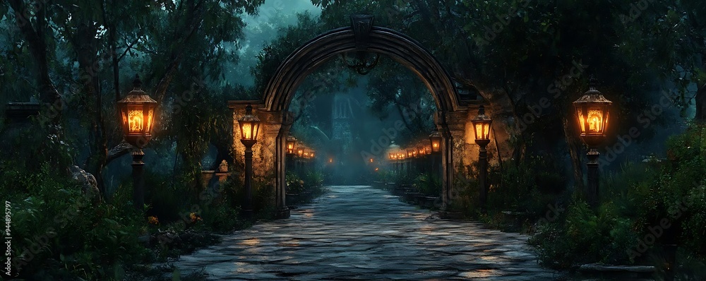 Enchanted Forest Pathway with Stone Archway and Lantern Lights - Illustration Enchanted Forest Pathway with Stone Archway and Lantern Lights - Illustration