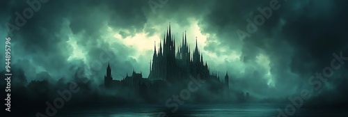 Dark Gothic Castle Illustration with Foggy Sky and Water