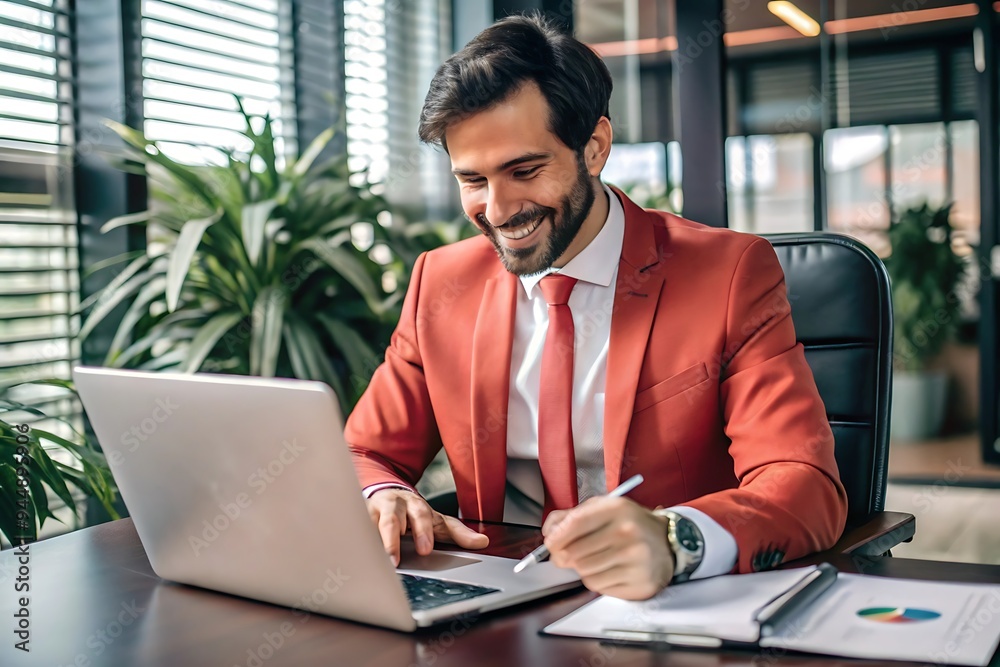 Successful businessman working on laptop in office. Successful businessman working on laptop in office.