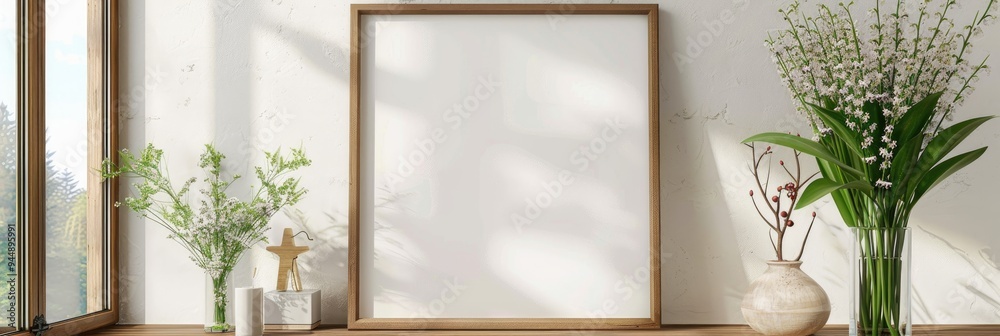 Vertical Wooden Picture Frame Mockup Surrounded by Lilies of the Valley in a Natural Environment Vertical Wooden Picture Frame Mockup Surrounded by Lilies of the Valley in a Natural Environment
