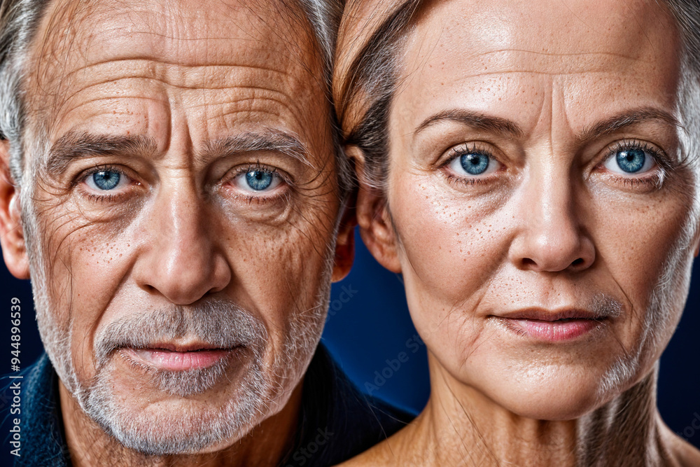 Un hombre y una mujer de edad adulta en una fotografía de retrato sobre el fondo en color sólido azul marino Un hombre y una mujer de edad adulta en una fotografía de retrato sobre el fondo en color sólido azul marino