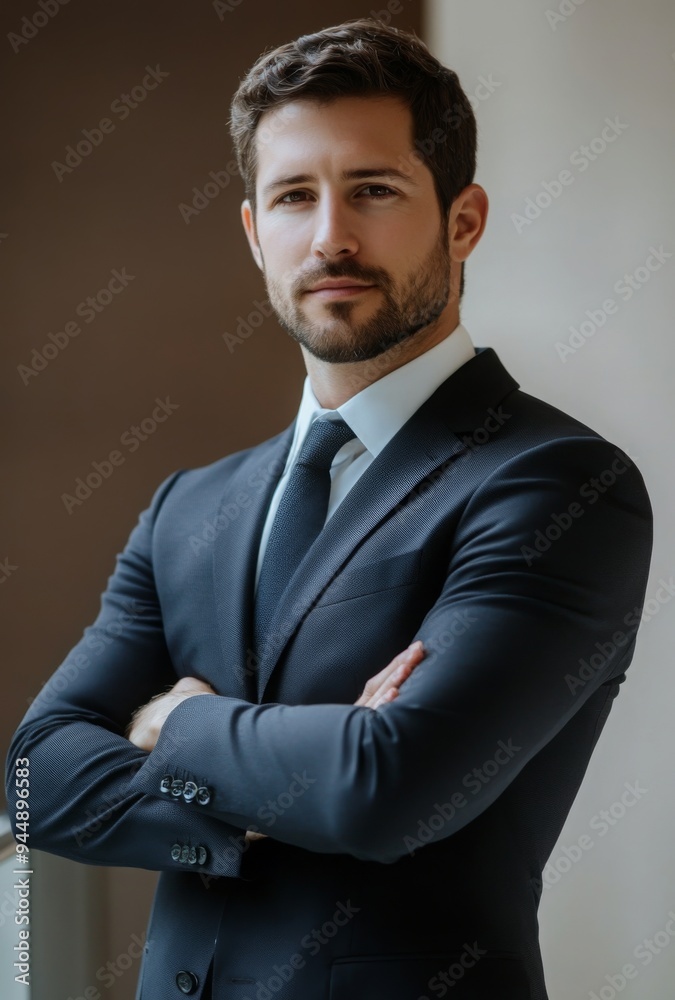 A confident businessman in a suit, standing with arms crossed, with ample copy space on the right A confident businessman in a suit, standing with arms crossed, with ample copy space on the right