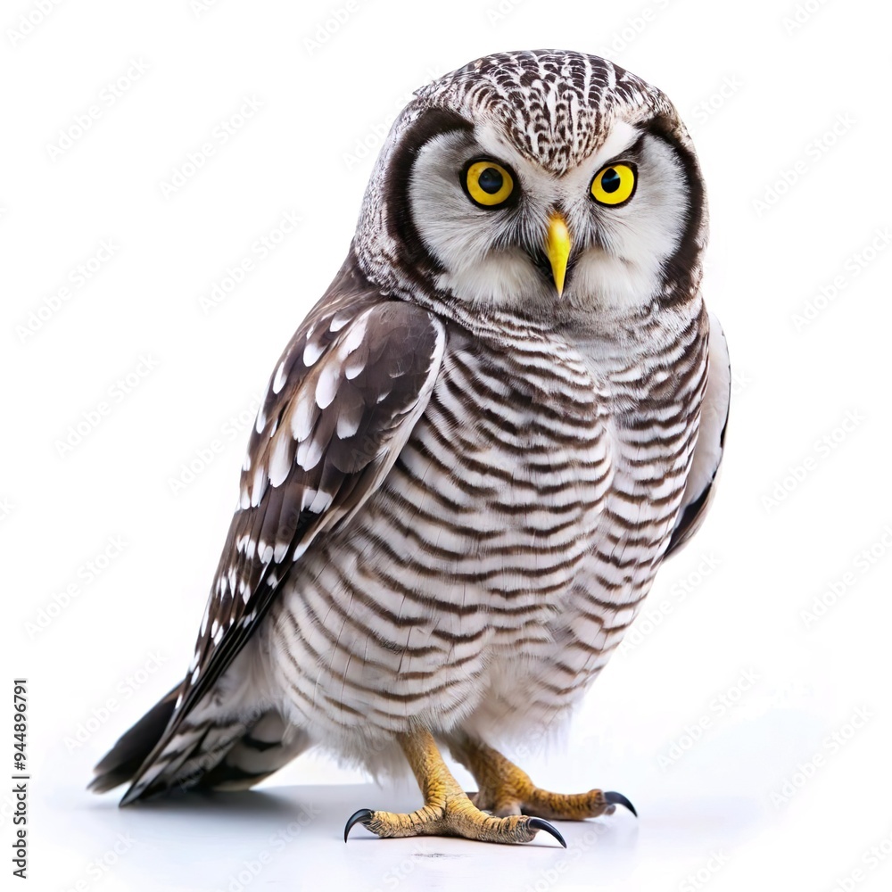 Obraz premium northern hawk owl full body portrait of a tawny owl looking at the camera, isolated on white background