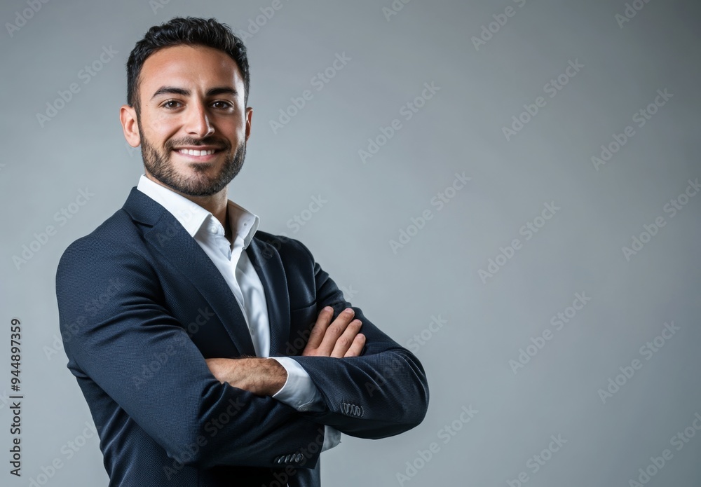 A confident businessman in a suit, standing with arms crossed, with ample copy space on the right A confident businessman in a suit, standing with arms crossed, with ample copy space on the right
