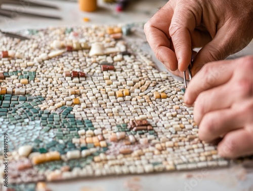 A close-up of hands meticulously working on a colorful mosaic, showcasing the artistry and precision of tile placement.