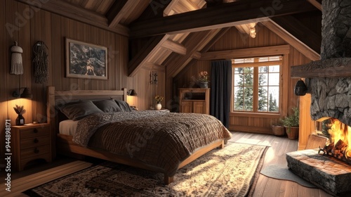 Cozy Cabin Bedroom with Fireplace and Window View