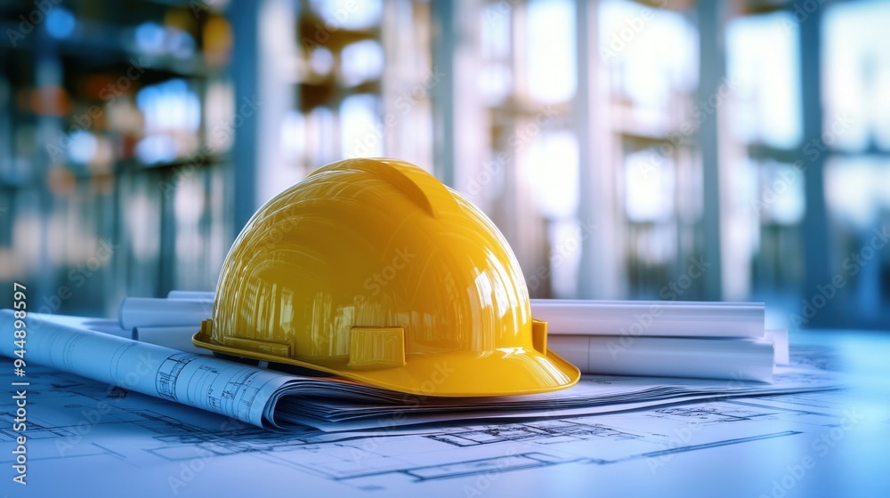 Yellow worker helmet resting atop blueprints, surrounded by construction materials on a clean surface Yellow worker helmet resting atop blueprints, surrounded by construction materials on a clean surface