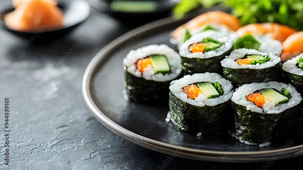 Beautifully Arranged Plate of Delicious Sushi Rolls Garnished with Wasabi and Ginger Presenting a Mouthwatering Japanese Culinary Delight with Copy Space Beautifully Arranged Plate of Delicious Sushi Rolls Garnished with Wasabi and Ginger Presenting a Mouthwatering Japanese Culinary Delight with Copy Space