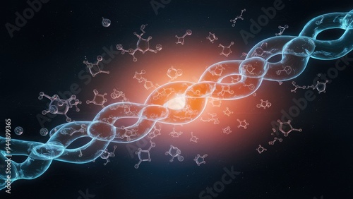 Molecular Chains Flowing in Stream on Dark Background. Dynamic Movement of Biological Molecules in Space. Emergence of Molecular Compounds in Atmospheric Setting. photo