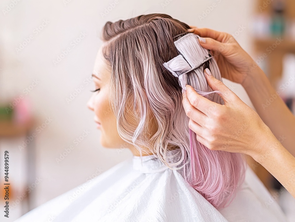 Fototapeta premium A hairstylist carefully clips hair to create a beautiful hairstyle for a client at a modern salon.