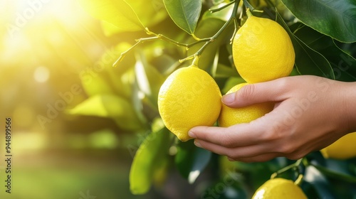 A hand delicately picks ripe lemons from a vibrant lemon tree, basking in the warm sunlight of a beautiful garden.