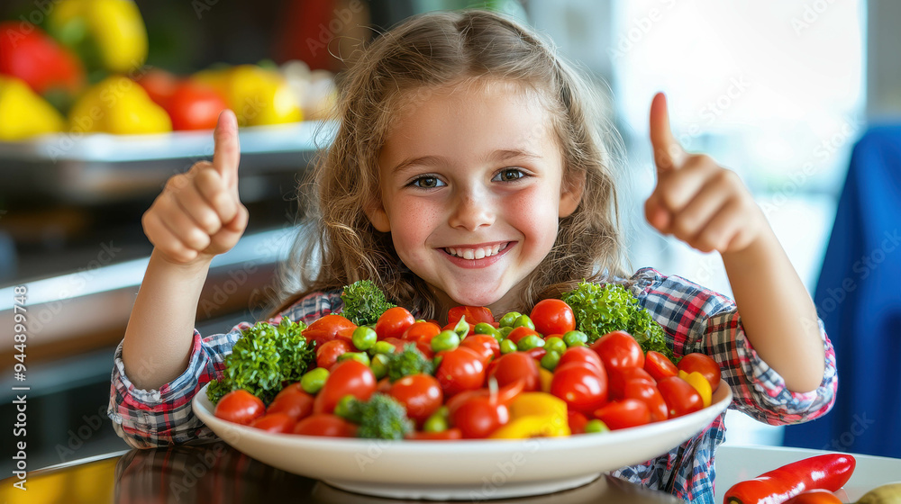 A smiling young girl giving thumbs up while sitting behind a large plate of fresh vegetables, promoting healthy eating with enthusiasm.
A smiling young girl giving thumbs up while sitting behind a large plate of fresh vegetables, promoting healthy eating with enthusiasm.
