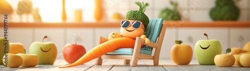 A joyful carrot character relaxing in a sunny kitchen, surrounded by cheerful fruits, promoting healthy lifestyle imagery. photo