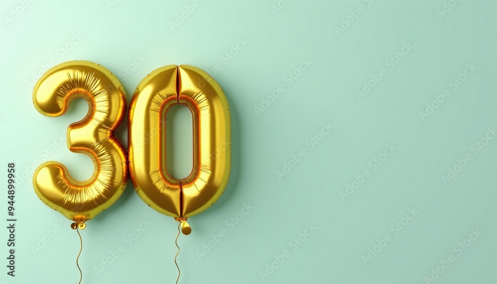 Banner with number 30 golden balloon with copy space. Thirtieth birthday celebration on a solid color background. Banner with number 30 golden balloon with copy space. Thirtieth birthday celebration on a solid color background.