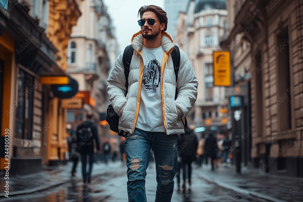 Man in Urban Streetwear with Backpack in City Alley