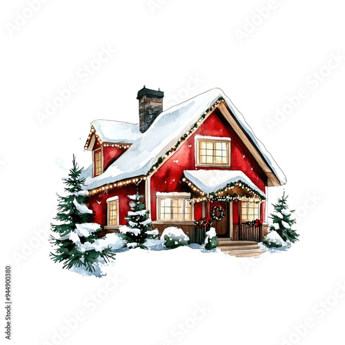 A charming red house covered in snow, adorned with festive lights, evokes warmth and holiday spirit in a winter wonderland.