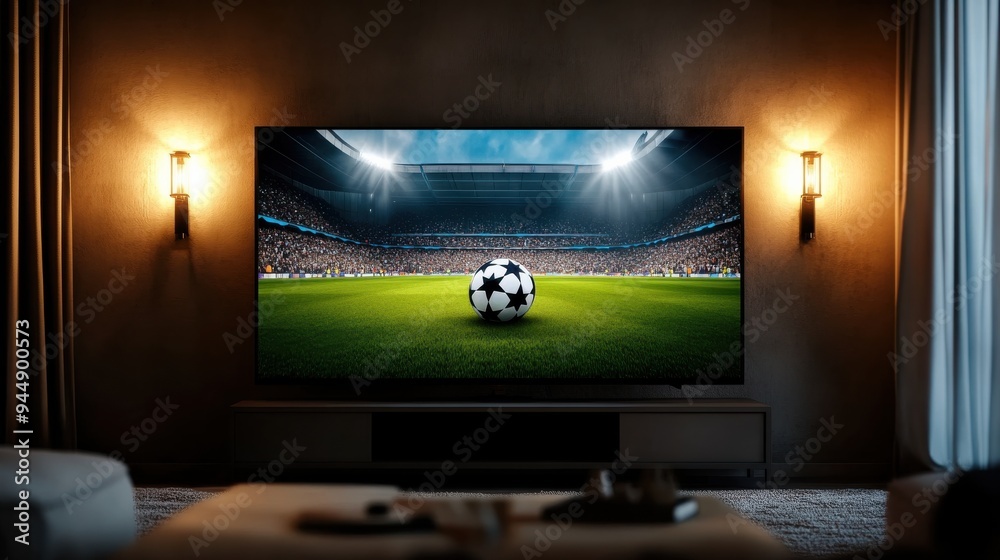 Fototapeta premium A modern living room showcasing a large TV displaying a soccer game, perfect for sports enthusiasts and home entertainment.