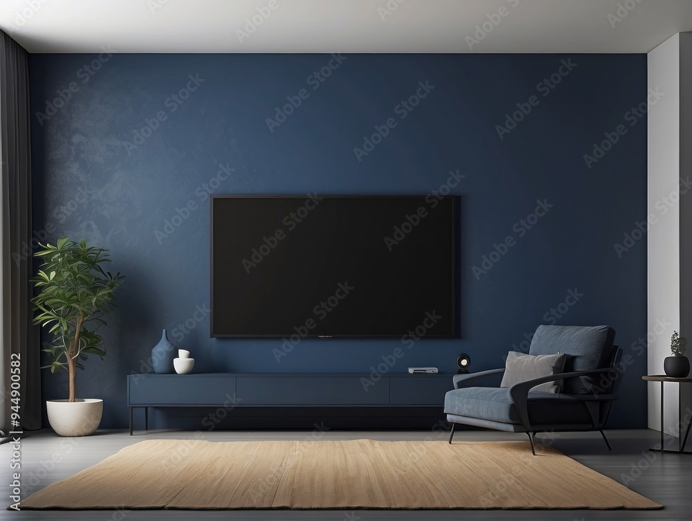 Modern Living Room with Blue Walls, TV, and Armchair Modern Living Room with Blue Walls, TV, and Armchair