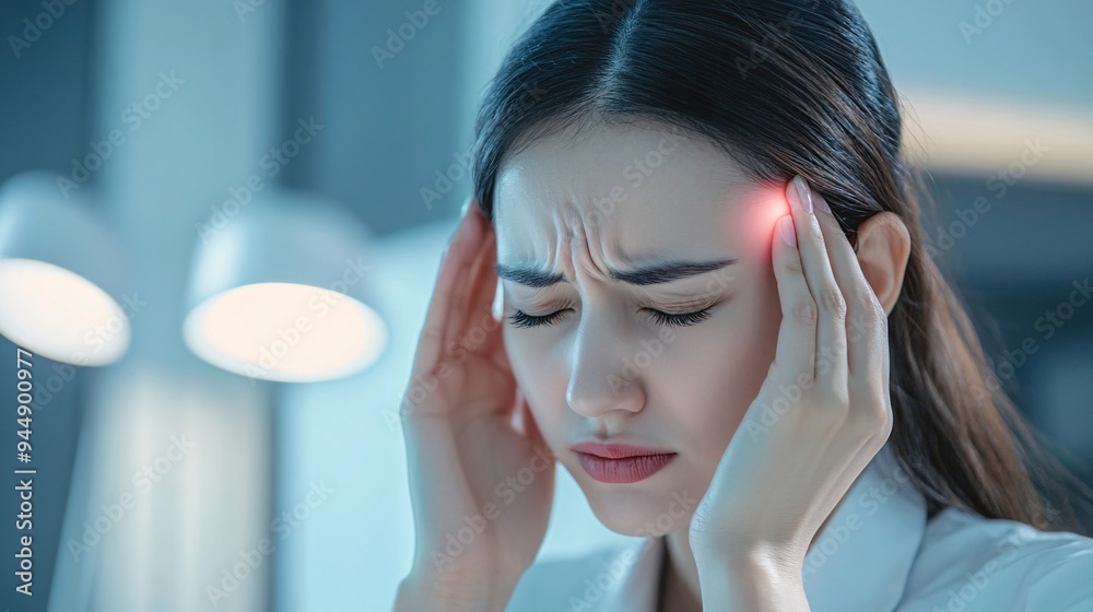 Fototapeta premium 240805 186. A woman having pain at scalp in office. Epicranial aponeurosis tightened due to tension headache and stress longtime. Health and medical concept isolated on white background,png