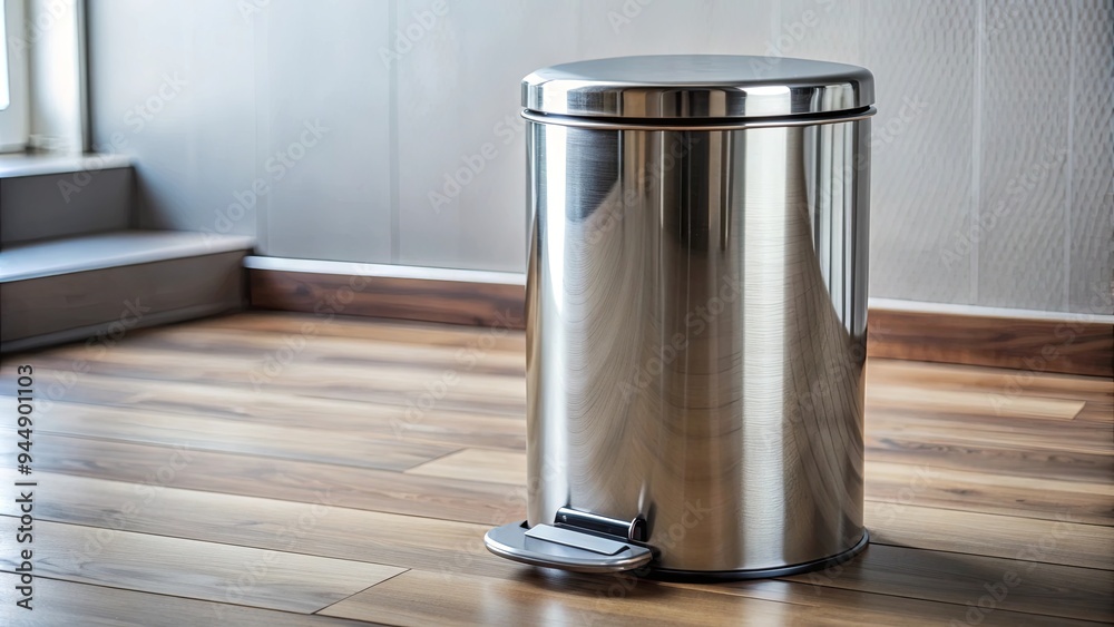 A close-up photo of a shiny metal trash can with a foot pedal , recycling, waste, disposal, garbage, bin, recycling bin A close-up photo of a shiny metal trash can with a foot pedal , recycling, waste, disposal, garbage, bin, recycling bin