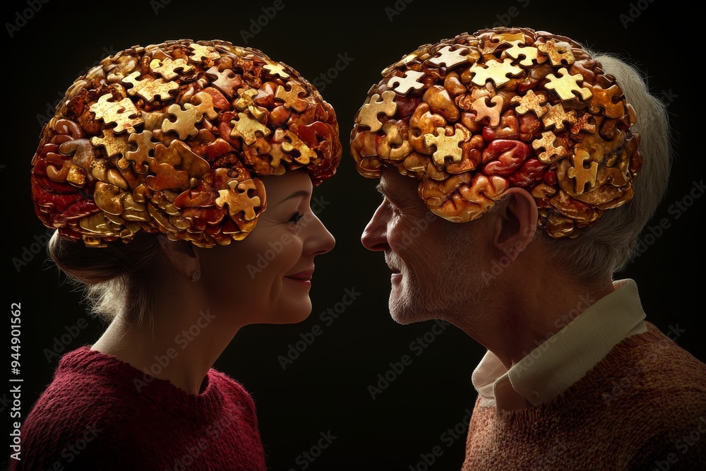 Elderly Couple with Puzzle Piece Brains Representing Aging Memory and the Enduring Power of Love in a Whimsical Heartwarming Illustration Elderly Couple with Puzzle Piece Brains Representing Aging Memory and the Enduring Power of Love in a Whimsical Heartwarming Illustration
