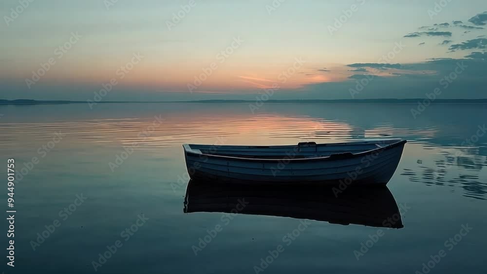 Lone boat on a calm lake at dusk, with a strong contrast between the dark water and the bright horizon Lone boat on a calm lake at dusk, with a strong contrast between the dark water and the bright horizon