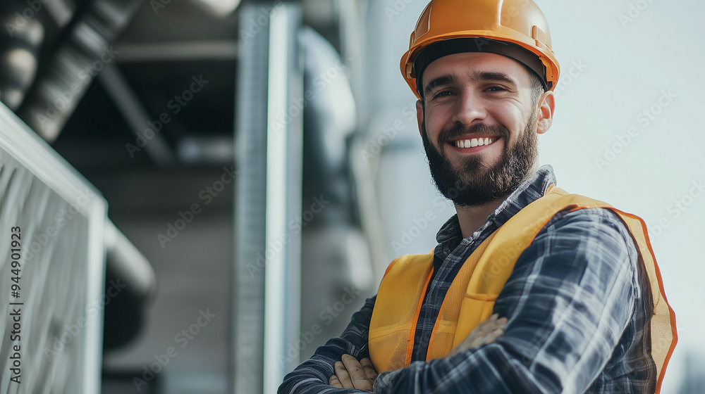 Confident Construction Worker with Arms Crossed at an Industrial Site Confident Construction Worker with Arms Crossed at an Industrial Site