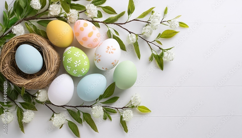 Easter Eggs in Nest with Spring Flowers on White Wood Background