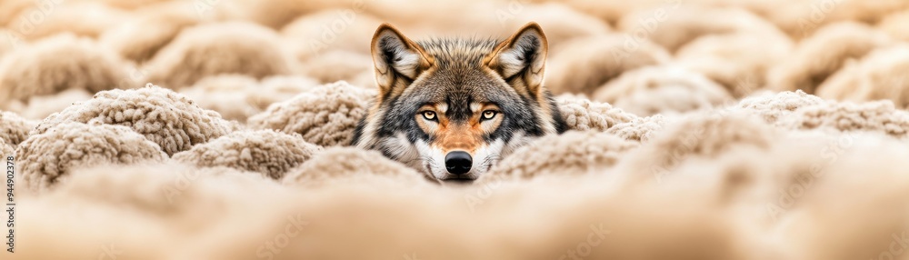 A serene wolf blends into a fluffy landscape, showcasing the beauty of nature and wildlife in this captivating photograph. A serene wolf blends into a fluffy landscape, showcasing the beauty of nature and wildlife in this captivating photograph.