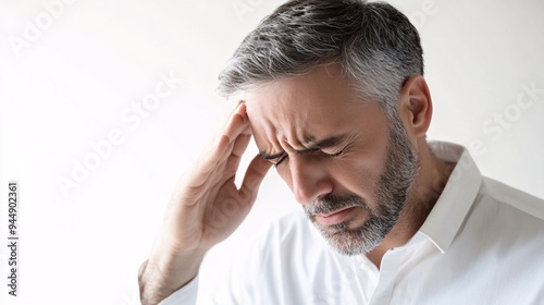 240805 189. A man touching painful scalp at office cubicle. Epicranial aponeurosis inflamed due to tension headache and excessive work stress longtime. Health and medical concept isolated on white photo