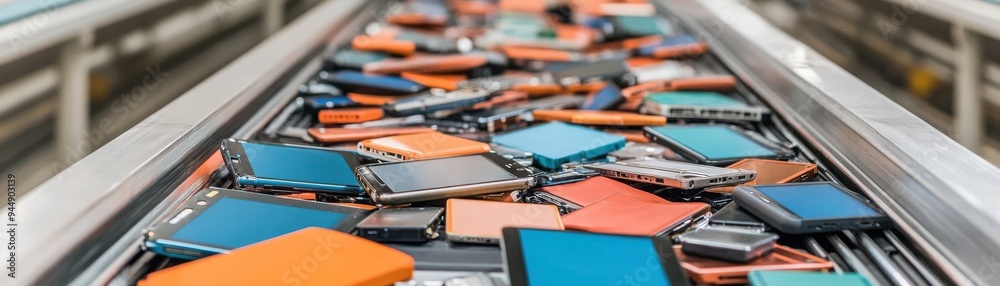 A vibrant collection of colorful smartphones on a conveyor belt, showcasing modern technology in an industrial setting. A vibrant collection of colorful smartphones on a conveyor belt, showcasing modern technology in an industrial setting.