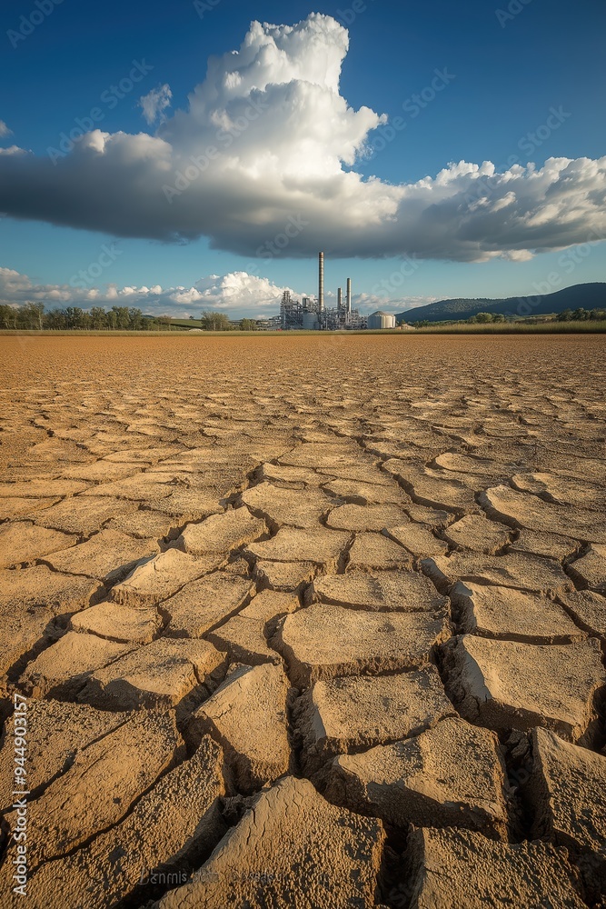 Fototapeta premium Cracked earth leading to industrial plant under cloudy sky