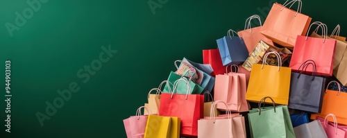 A vibrant collection of colorful shopping bags stacked against a green background, perfect for retail and fashion themes. photo