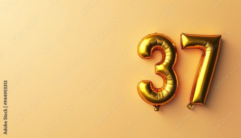 Banner with number 37 golden balloon with copy space. Thirty-seventh birthday celebration on a solid color background. Banner with number 37 golden balloon with copy space. Thirty-seventh birthday celebration on a solid color background.