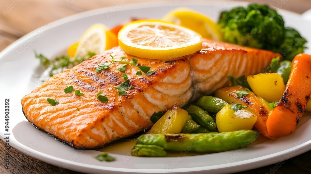 Grilled salmon fillet served on a plate with sliced lemon and steamed assorted vegetables creating a balanced and nutritious meal The image showcases the vibrant colors textures Grilled salmon fillet served on a plate with sliced lemon and steamed assorted vegetables creating a balanced and nutritious meal The image showcases the vibrant colors textures