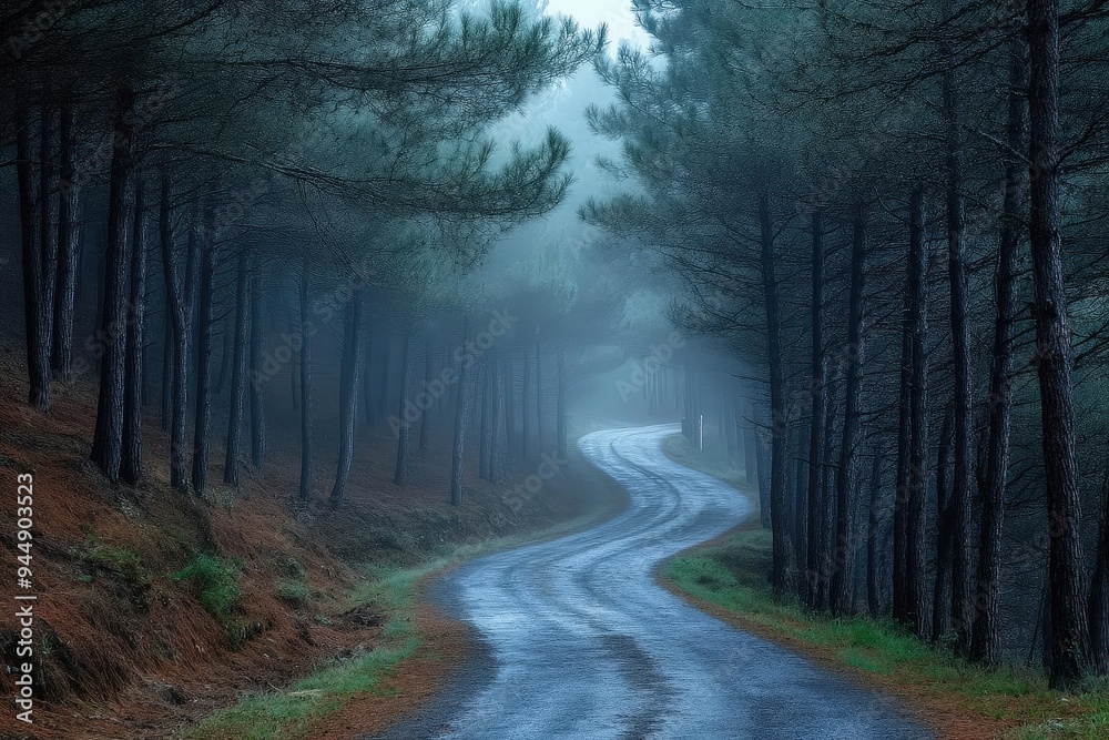 Fototapeta premium Foggy forest road surrounded by pine trees, eerie and atmospheric