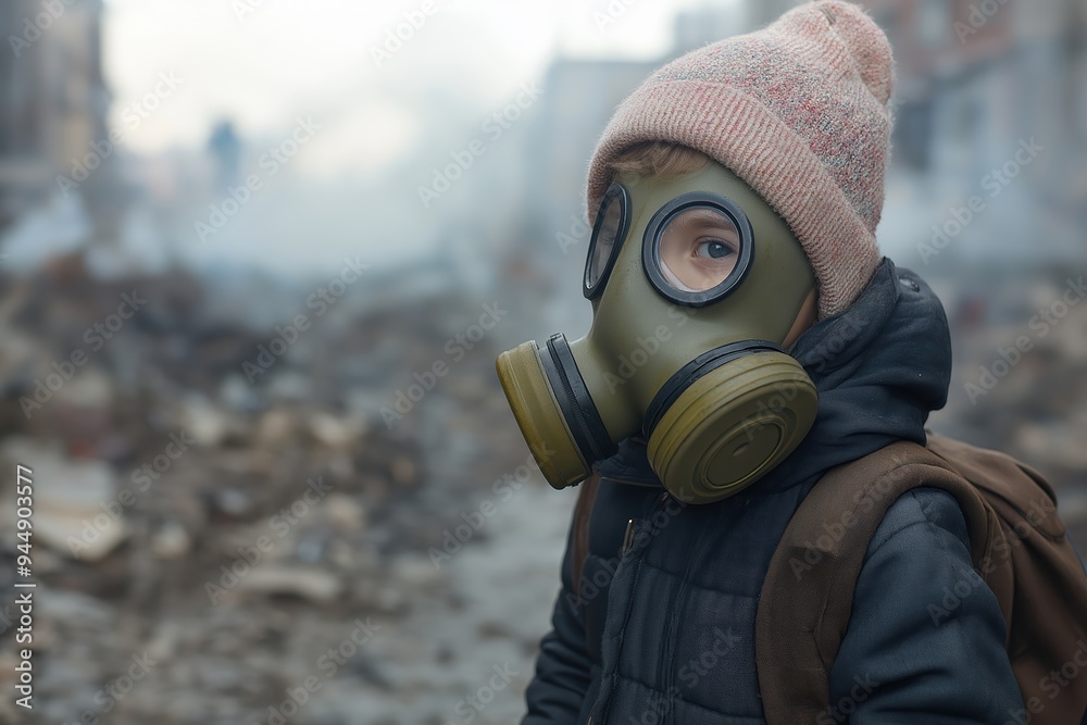 Child wearing gas mask standing in polluted wasteland Child wearing gas mask standing in polluted wasteland