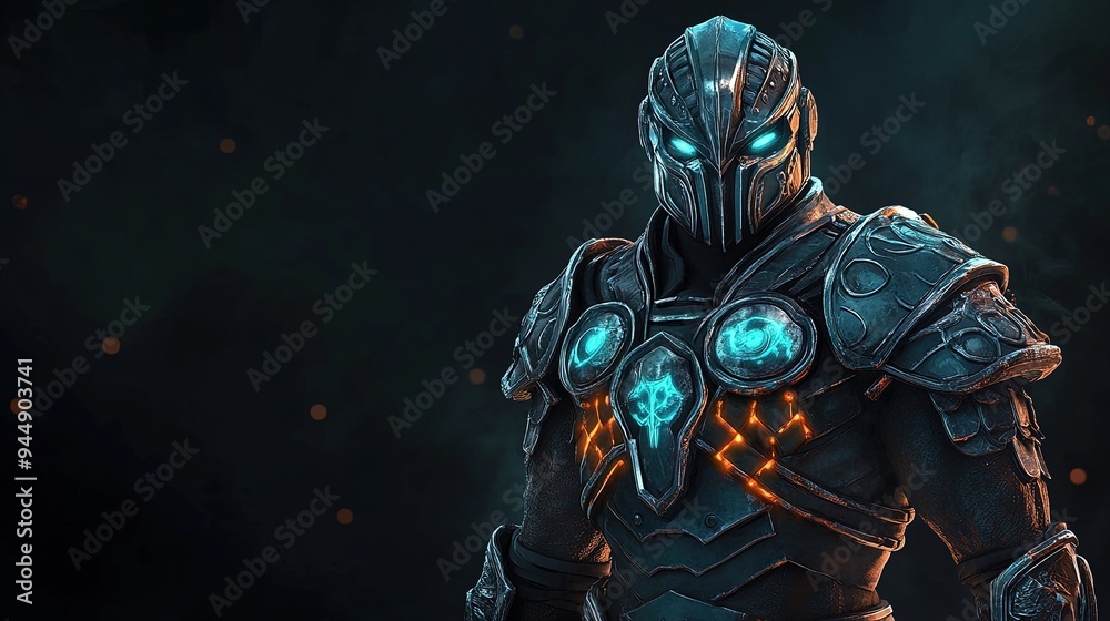 Fierce Warrior in Glowing Armor: A Stunning Poster for Sports Interiors, Capturing Intricate Details and Determination Against a Dark Backdrop Fierce Warrior in Glowing Armor: A Stunning Poster for Sports Interiors, Capturing Intricate Details and Determination Against a Dark Backdrop