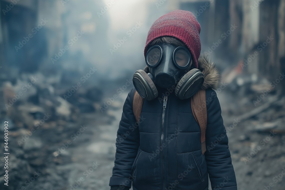 Child wearing gas mask walking in destroyed city pollution concept Child wearing gas mask walking in destroyed city pollution concept