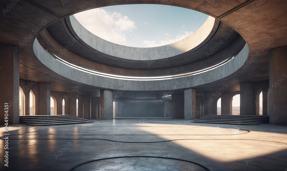 Sunlight streams through a circular opening in the ceiling of a modern ...