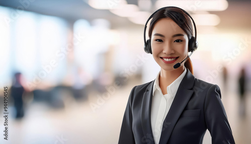 A woman operator wearing a black suit and a white shirt is smiling and wearing a headset. She is a receptionist