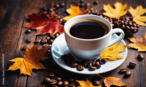 A steaming cup of coffee sits on a wooden table, surrounded by autumn leaves and coffee beans