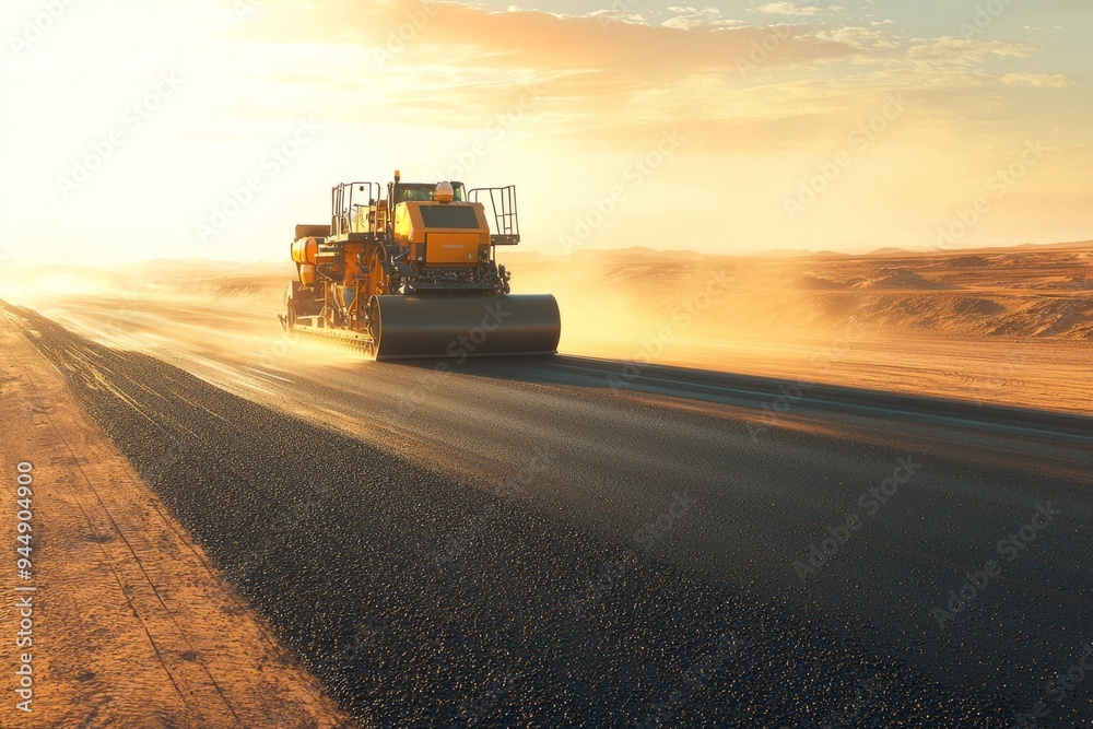 The road paving machine operates in a desert environment, laying asphalt under the intense midday sun. The heat creates The road paving machine operates in a desert environment, laying asphalt under the intense midday sun. The heat creates