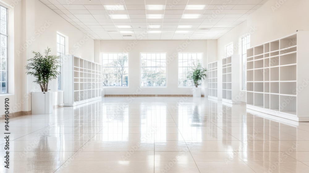 Bright and spacious interior showcasing modern shelving and greenery, ideal for various commercial or creative uses.