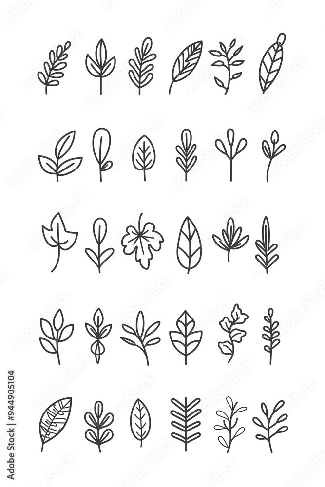 Set of linear black icons leaves and branches on white background Set of linear black icons leaves and branches on white background