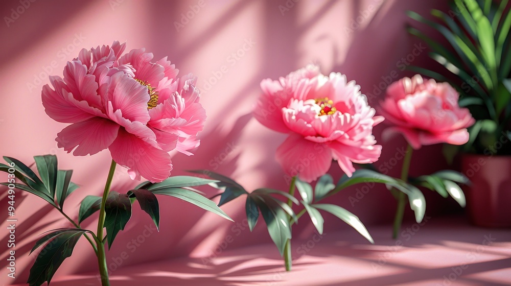 A close-up of three pink peonies, bathed in soft sunlight. A close-up of three pink peonies, bathed in soft sunlight.
