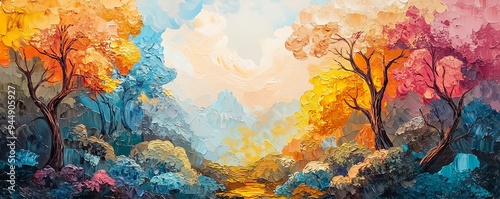 Vivid oil painting of a fantasy landscape in impasto style photo